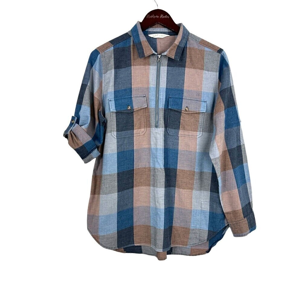 Woolrich‎ Women Sz L Flannel Shirt Top Blue Brown Zip Up Plaid Cotton Blend N1